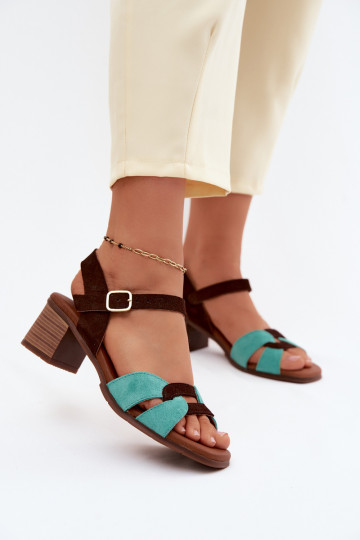 Türkis-braune Wildleder-Damensandalen mit Absatz