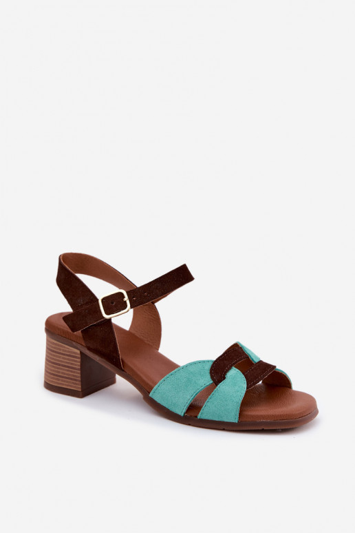 Türkis-braune Wildleder-Damensandalen mit Absatz