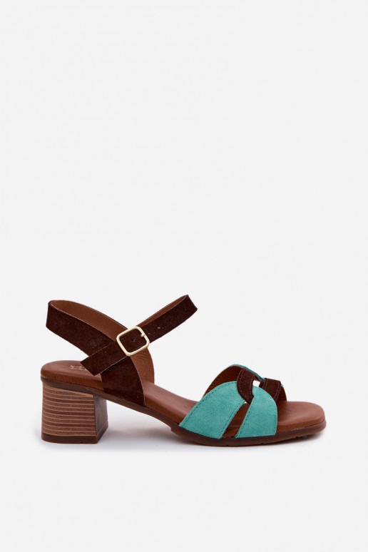 Türkis-braune Wildleder-Damensandalen mit Absatz