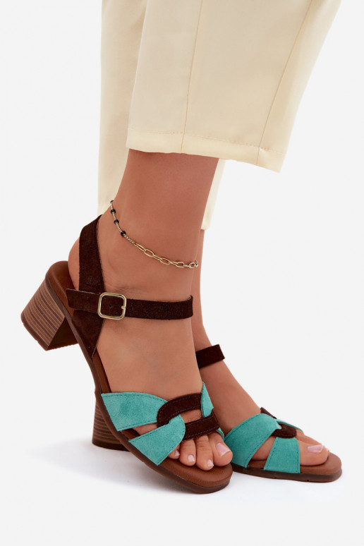 Türkis-braune Wildleder-Damensandalen mit Absatz