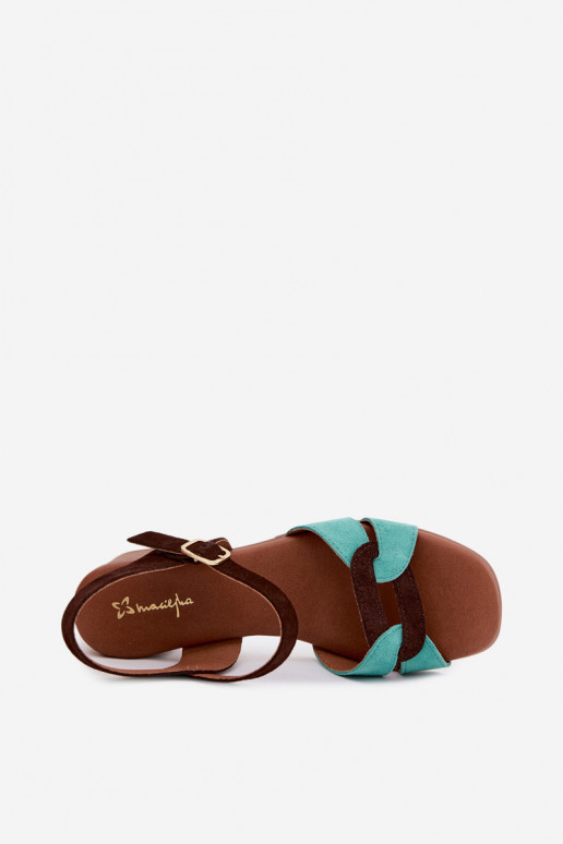 Türkis-braune Wildleder-Damensandalen mit Absatz