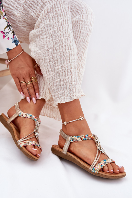 Flache Damen Sandalen mit geflochtenen Riemen in Gold Artiker 54C1323