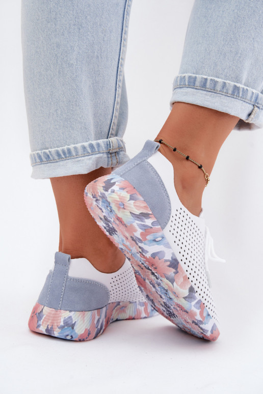 Haut Schuhe Feminin mit Schnürsenkeln mit einer Plattform Artiker 58C0586 INeiß-blaue Farbe