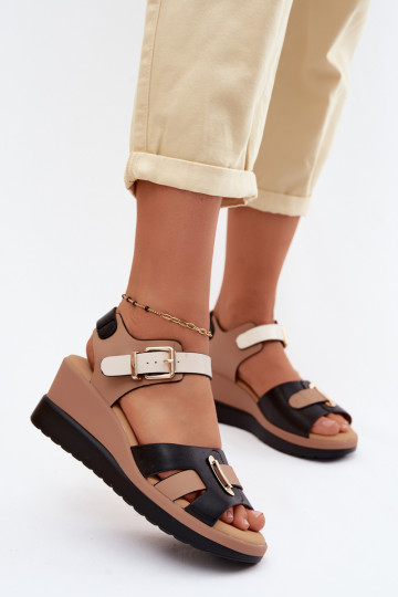 Damensandalen Feminin mit einer Plattform mit Streifen Artiker 58C0316 Beige-schZuarze Farbe 2