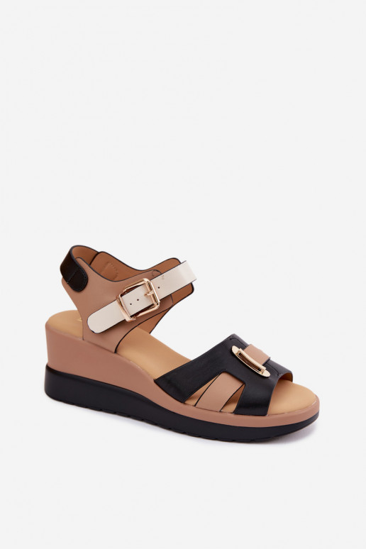 Damensandalen Feminin mit einer Plattform mit Streifen Artiker 58C0316 Beige-schZuarze Farbe