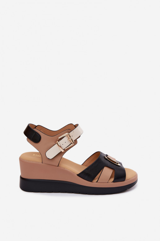 Sandfarben-schwarze Damen Sandalen mit Plattform und Riemen Artiker 58C0316