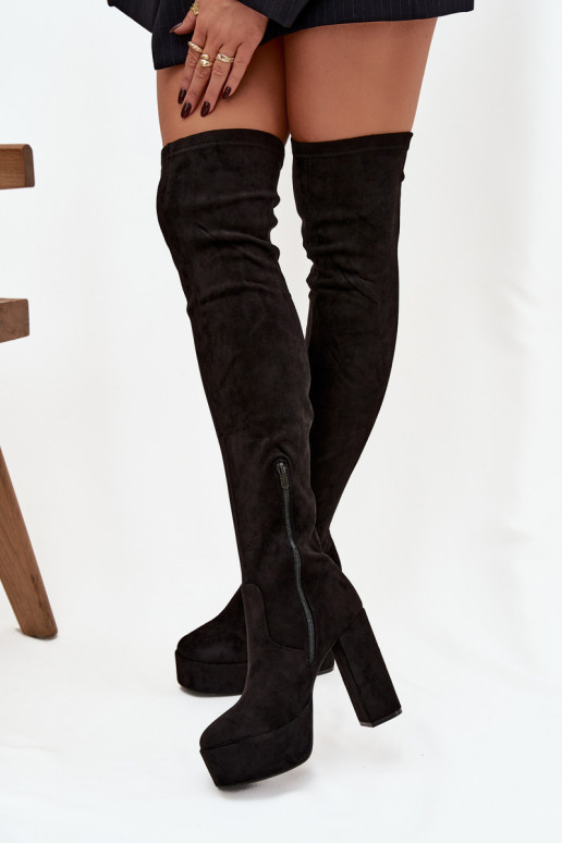 Stiefel mit Absätzen und Plattform oberhalb des Knies aus Öko-INildlederoZue schZuarze Farbe Amareen