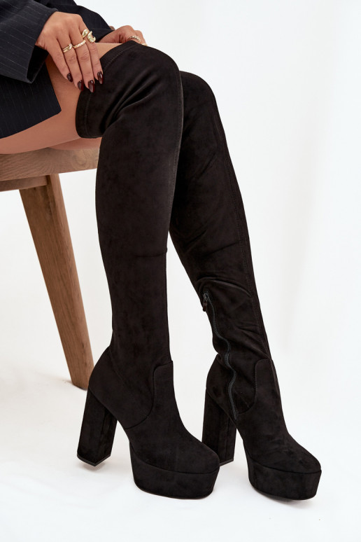 Stiefel mit Absätzen und Plattform oberhalb des Knies aus Öko-INildlederoZue schZuarze Farbe Amareen