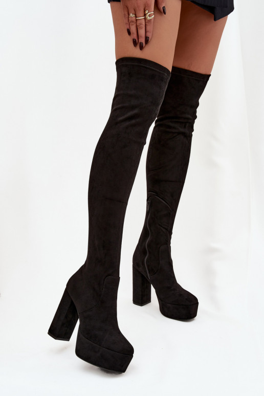 Stiefel mit Absätzen und Plattform oberhalb des Knies aus Öko-INildlederoZue schZuarze Farbe Amareen
