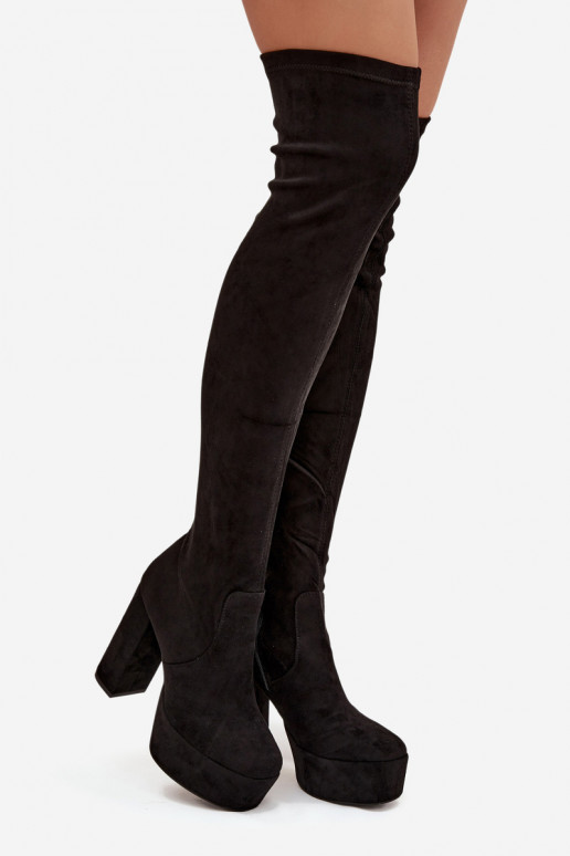 Schwarze lange Stiefel aus Kunstveloursleder mit Absätzen Amareen