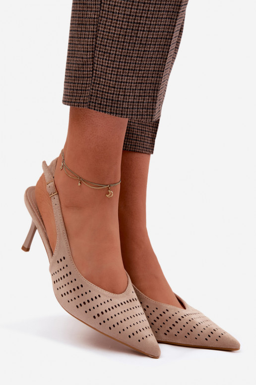 Sandfarbene perforierte Sandalen mit dünnen Absätzen aus Kunstveloursleder Torielle