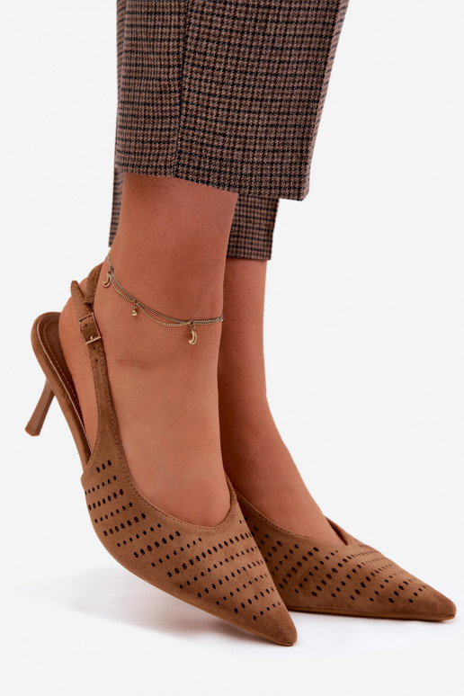 Braune perforierte Sandalen mit dünnen Absätzen aus Kunstveloursleder Torielle