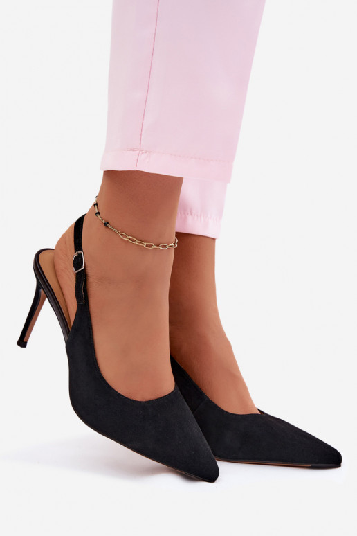 Damen-Sandalen mit dünnen Absätzen aus schwarzem Kunstveloursleder Kandy