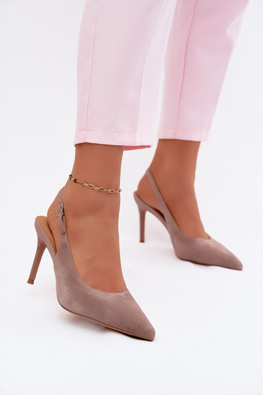 Damen-Sandalen mit dünnen Absätzen aus sandfarbenem Kunstveloursleder Kandy