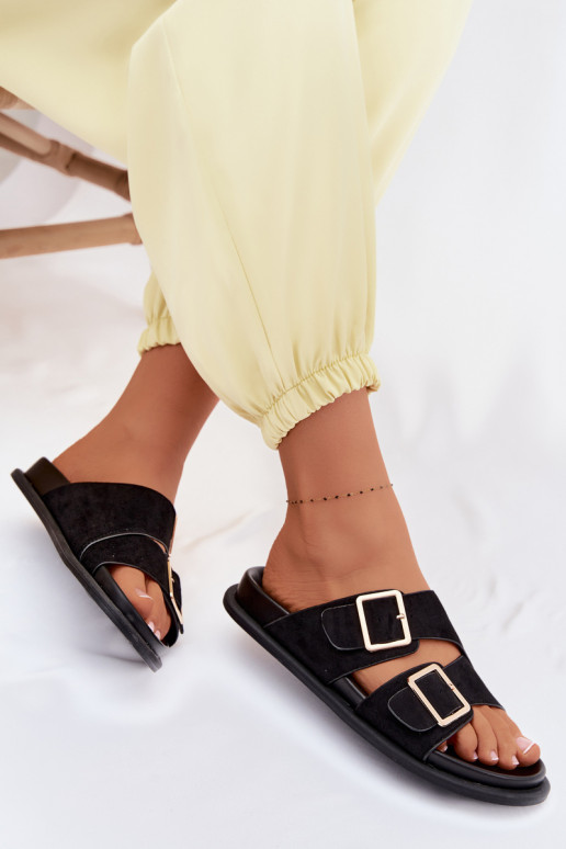 Schwarze Kunstveloursleder-Slipper mit goldenen Schnallen Selissea