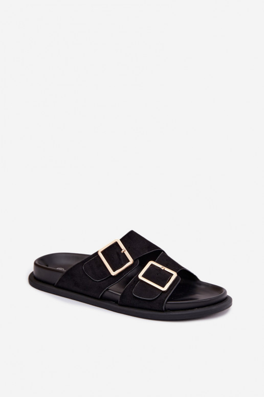 Schwarze Kunstveloursleder-Slipper mit goldenen Schnallen Selissea