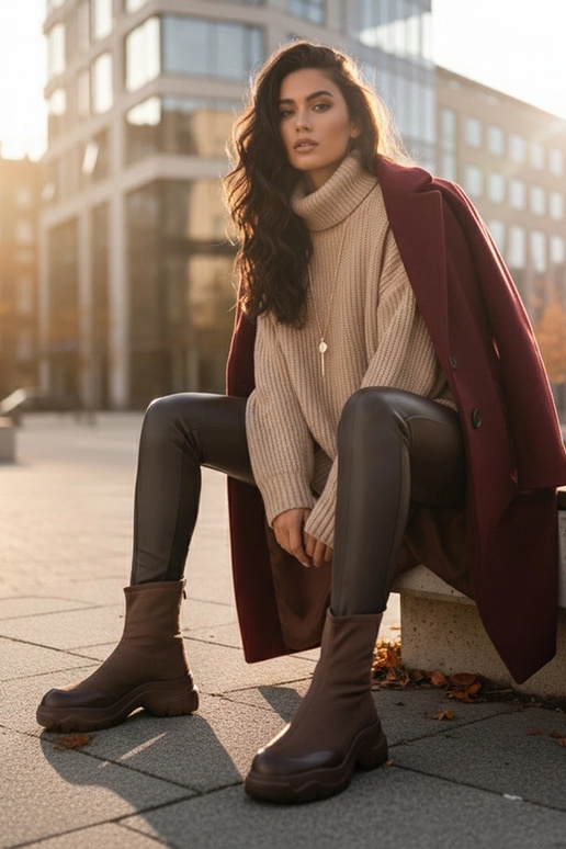 Braune Stiefeletten aus Kunstveloursleder mit dicker Sohle Alana