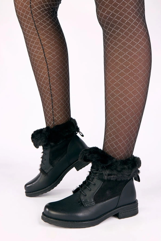 Schwarze Stiefeletten mit Schnürsenkeln und Fell Joyca