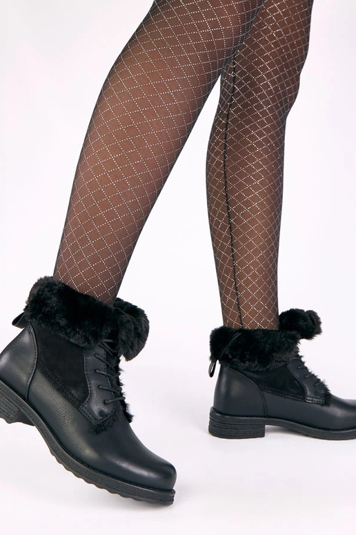 Schwarze Stiefeletten mit Schnürsenkeln und Fell Joyca