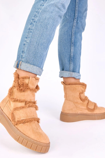 Braune Stiefeletten mit Klettverschluss, verziert mit Fell Grace 2