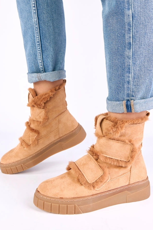 Braune Stiefeletten mit Klettverschluss, verziert mit Fell Grace