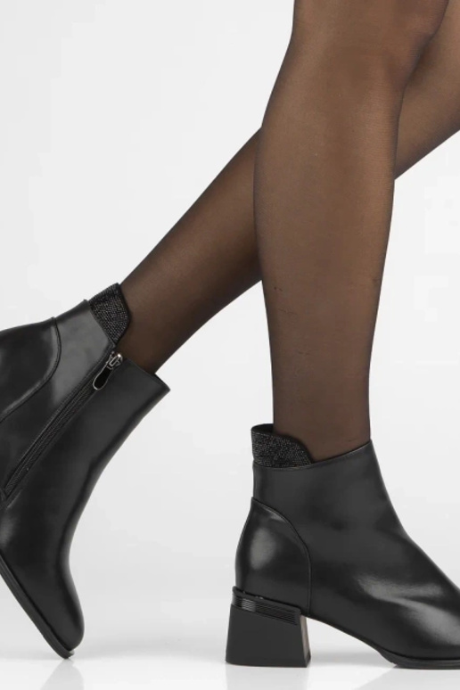 Schwarze Stiefeletten auf Absatz aus natürlichem Leder mit Strass Jean