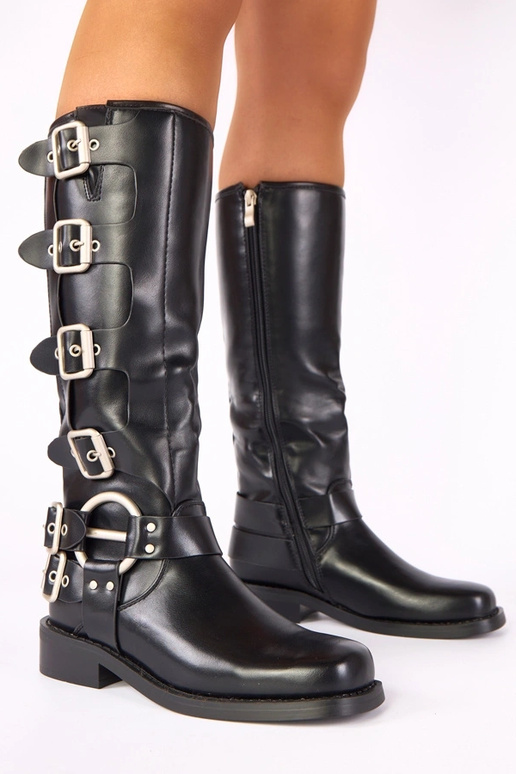 Schwarze kniehohe Stiefel mit flachem Absatz und Schnallen Taliba