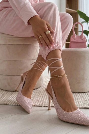 Rosa High Heels mit offener Zehe, verziert mit Strasssteinen Edith