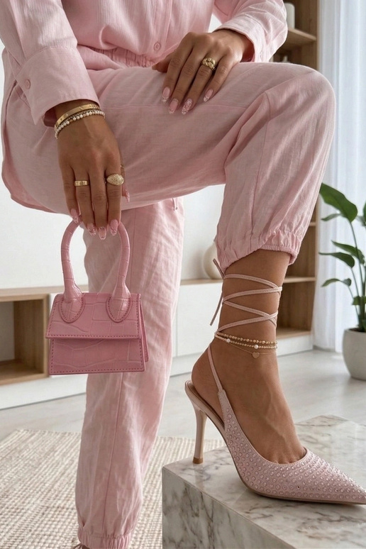Rosa High Heels mit offener Zehe, verziert mit Strasssteinen Edith