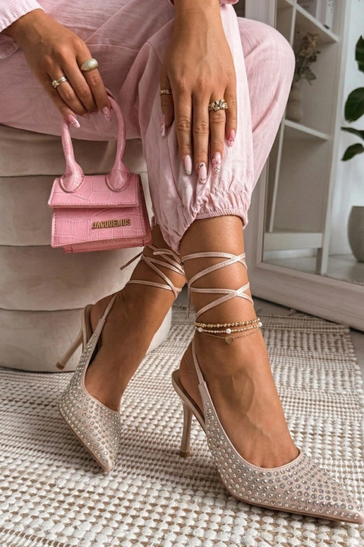 Sandfarbene High Heels mit offener Ferse, verziert mit Strasssteinen Edith
