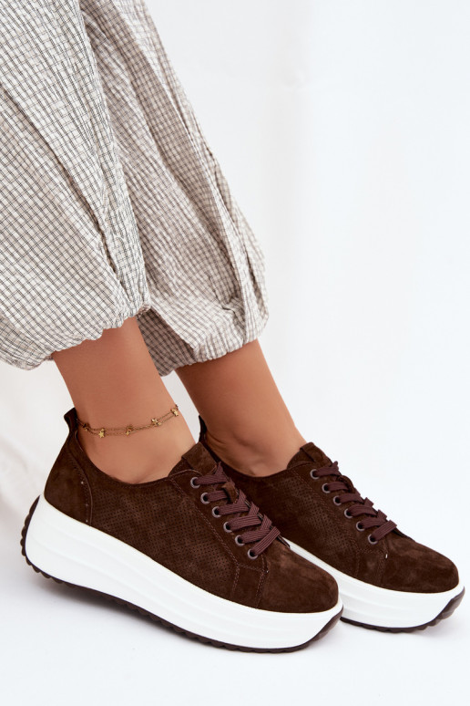 Schokoladenfarbene Damensneaker aus Kunstveloursleder mit Plattform Inaya