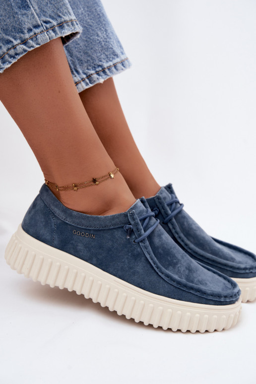 Blaue Damenschuhe aus Kunstveloursleder mit Plattform Jamila
