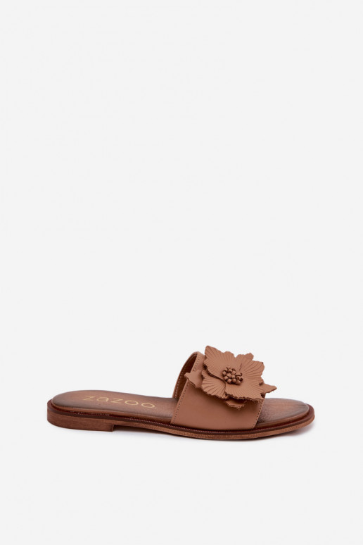 Lederpantoletten für Damen mit Ornamenten Zazoo 40477 in Cappuccino-Farbe