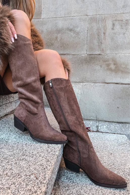 Braune Kunstveloursleder Cowboy-Stiefel mit Absatz Esmira