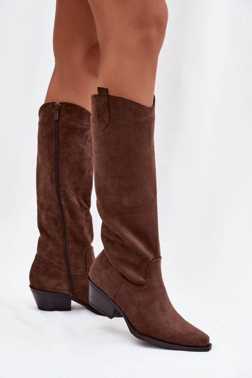 Braune Kunstveloursleder Cowboy-Stiefel mit Absatz Esmira