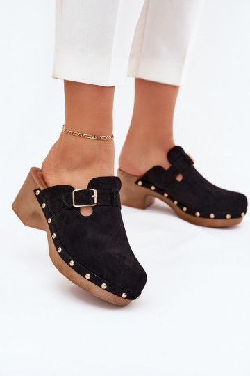 Schwarze Damenclogs mit Absätzen und Schnallen Veldexina