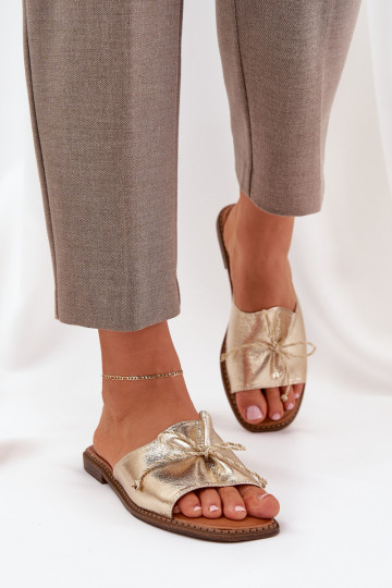Goldene flache Slipper mit dekorativem Bogen Deonelis 2