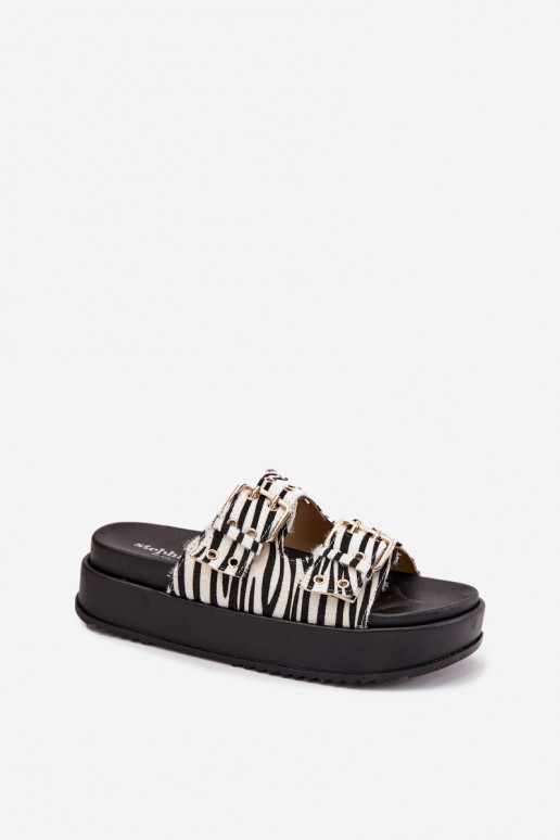 Goldene Damenpantoletten mit Schnallen und Plattform Zebra Virvania