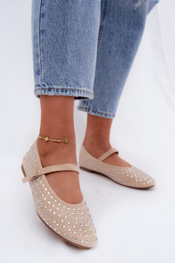 Sandfarbene dekorierte Ballerinas mit Riemen Nerolia