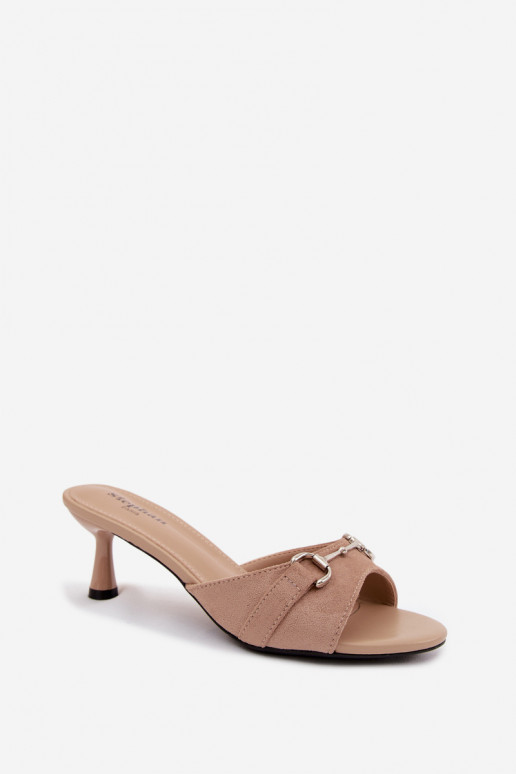 Beige Damen-Pantoletten mit dünnen Absätzen und dekorativen Details Poppia