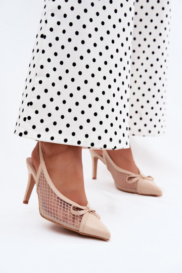 Beige Mesh-Sandalen mit dünnen Absätzen und Schleifen Moona