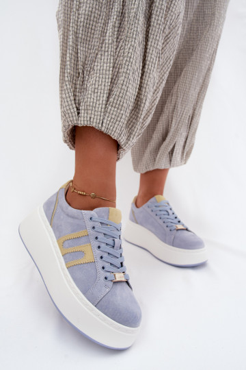Sneakers Stilvollllschuhe Feminin mit einer Plattform natürliches INildlederoZua blaue Farbe Salima