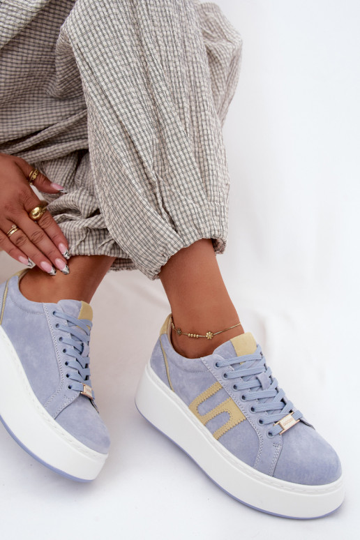 Sneakers Stilvollllschuhe Feminin mit einer Plattform natürliches INildlederoZua blaue Farbe Salima