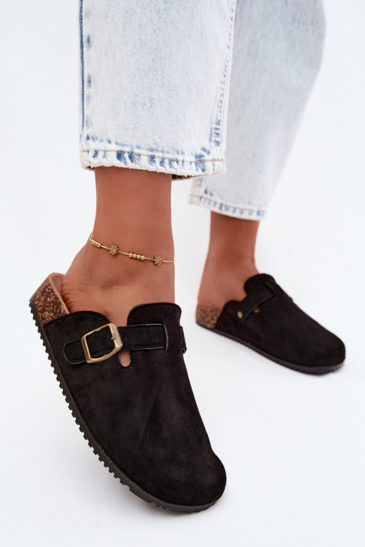 Schwarze Damenclogs mit Schnallen aus Kunstveloursleder Tropina
