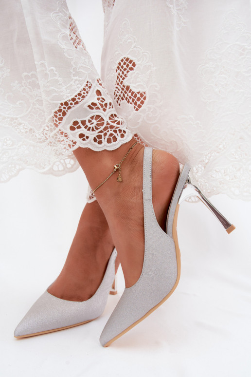 Silberne glänzende High Heels mit offenem Absatz Marcella