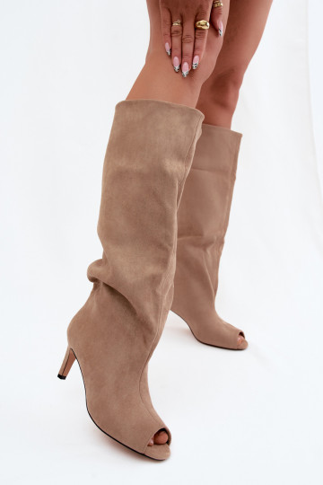 Chaki lange Stiefel mit offenen Zehen aus Kunstveloursleder auf dünnem Absatz Puffina