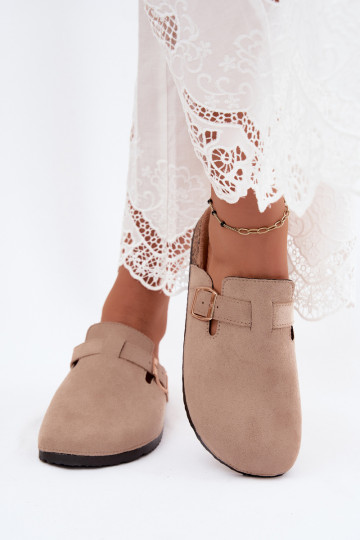 Damen Clogs mit Schnallen in Sandfarbe aus Kunstveloursleder Glamora 2