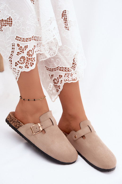 Damen Clogs mit Schnallen in Sandfarbe aus Kunstveloursleder Glamora