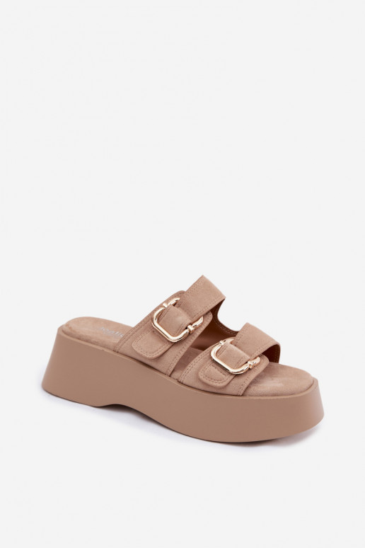 Damen Clogs mit Plattform und Schnallen in Goldfarbe aus Kunstveloursleder Hazelia