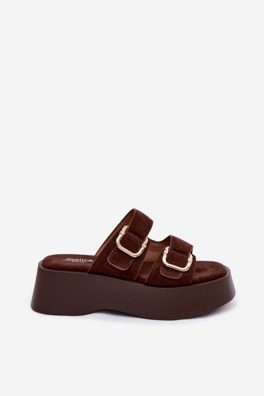 Damen Clogs mit Plattform und Schnallen in Schokoladenfarbe aus Kunstveloursleder Hazelia